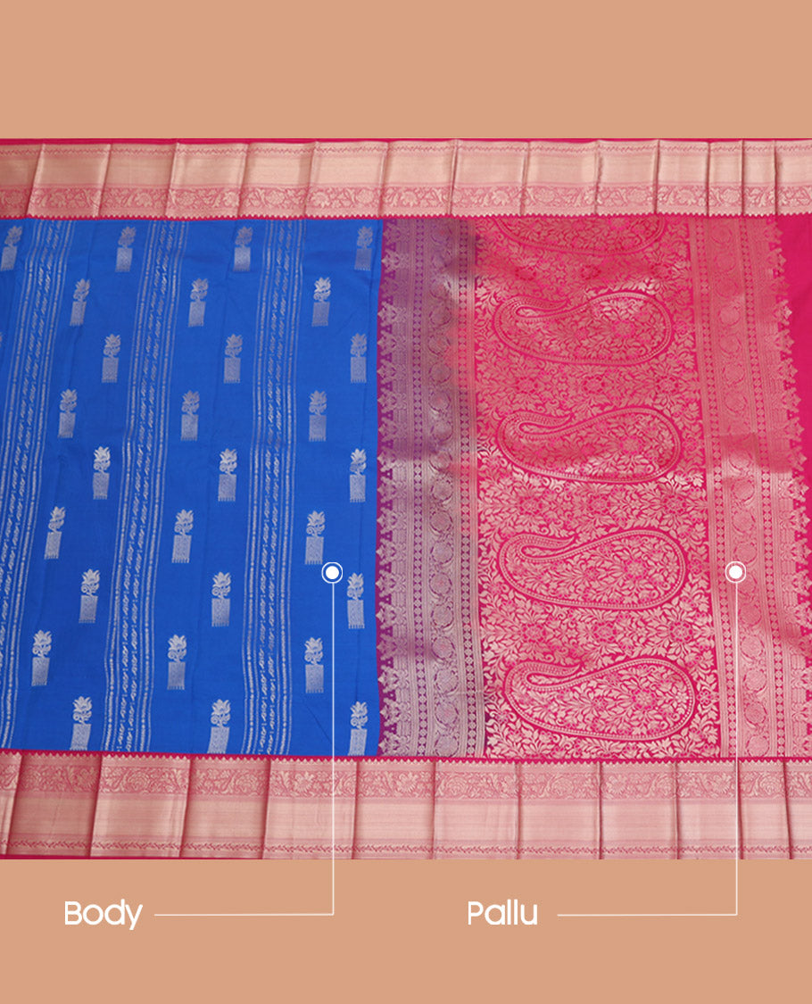 Blue Budget Silk Saree Elevated with Zari Designs All Over Its Body, Complemented by Contrast Traditional Zari Design Border, Featuring a Pallu of Floral-Paisley Designs, and Paired with a Contrast Blouse