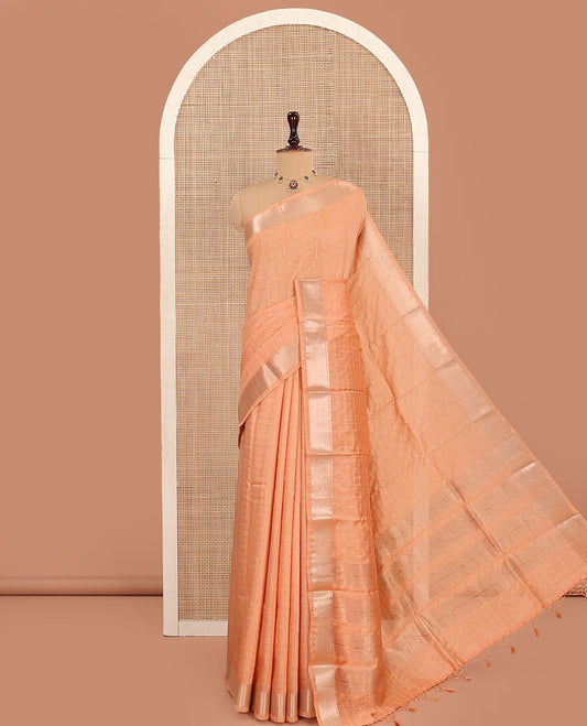 Orange Assam Silk Saree, Delicately Woven with Zari Checked Design on Its Body, Highlighted by a  Traditional Zari Design Border, Pallu Steeped with Gleaming Zari Stripes, and Paired with a Contrast Blouse