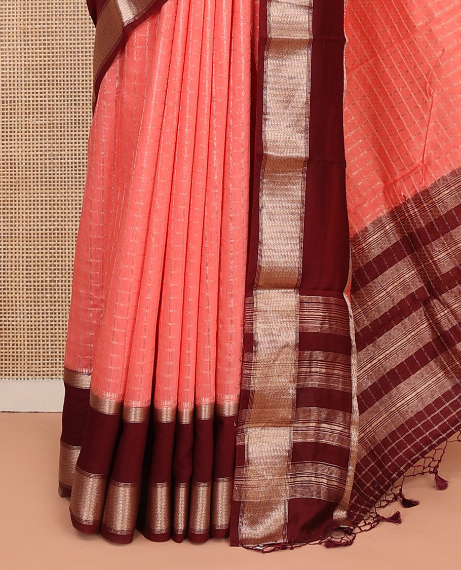 Peach Assam Silk Saree Subtly Sparkled with Micro-Checks, Complemented by Captivating Contrast Zari-Decked Up Border, Gleaming Zari-Woven Pallu, and Paired with a Contrast Blouse