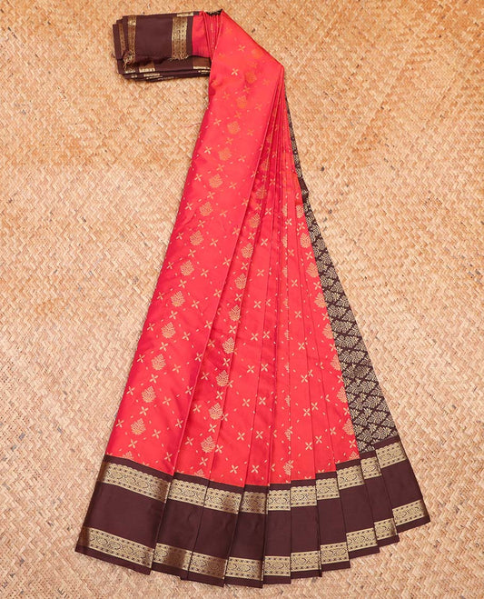 Red Budget Silk Saree, Elevated with Zari Buttas All Over Its Body, Complemented by a Contrast Traditional Zari Design Border, Grand Jaal Pallu, and Paired with a Contrast Blouse