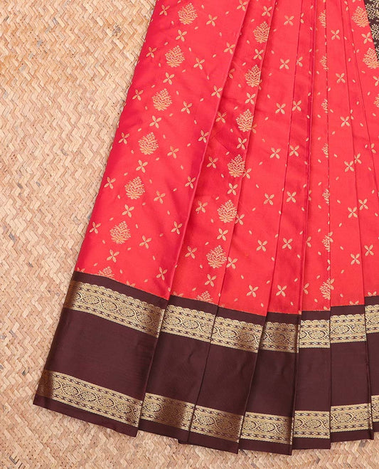 Red Budget Silk Saree, Elevated with Zari Buttas All Over Its Body, Complemented by a Contrast Traditional Zari Design Border, Grand Jaal Pallu, and Paired with a Contrast Blouse