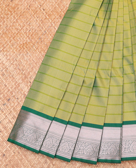Green Budget Silk Saree, Embellished with Micro-Buttas on Its Body, Complemented by a Contrast Traditional Zari Design Border, Grand Jaal Pallu, and Paired with a Contrast Blouse