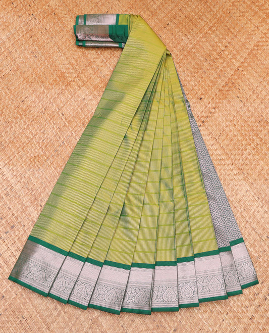 Green Budget Silk Saree, Embellished with Micro-Buttas on Its Body, Complemented by a Contrast Traditional Zari Design Border, Grand Jaal Pallu, and Paired with a Contrast Blouse