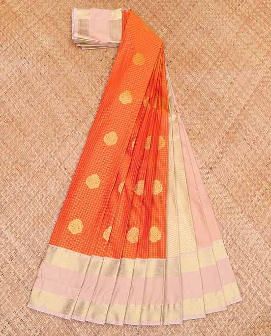 Orange Budget Silk Saree, Subtly Enriched with Zari Buttas and Checks On Its Body, Complemented by Contrast Traditional Zari Designs Rettai Pettu Border, Gleaming Jaal Pallu and Paired with a Contrast Blouse