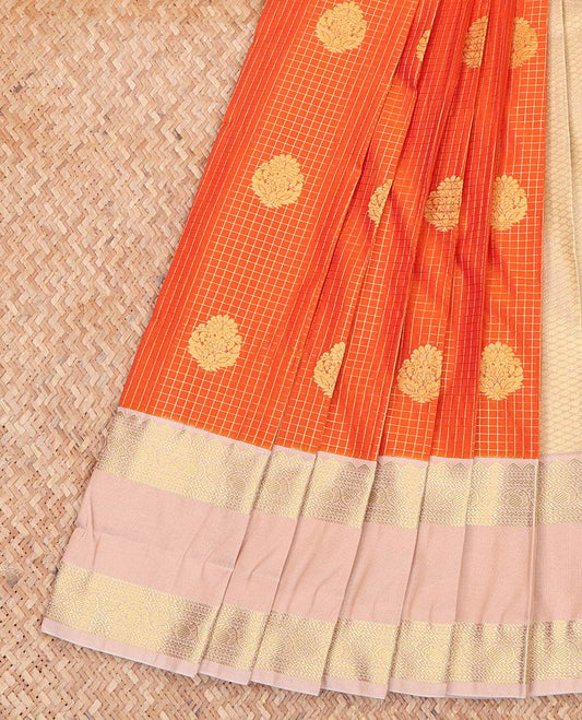 Orange Budget Silk Saree, Subtly Enriched with Zari Buttas and Checks On Its Body, Complemented by Contrast Traditional Zari Designs Rettai Pettu Border, Gleaming Jaal Pallu and Paired with a Contrast Blouse