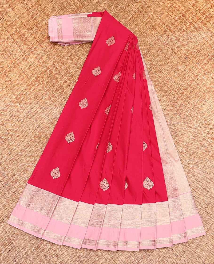 Red Budget Silk Saree, Elevated with Zari Buttas, Complemented by Contrast Traditional Design Rettai Pettu Border, Zari Woven Pallu, and a Contrast Blouse