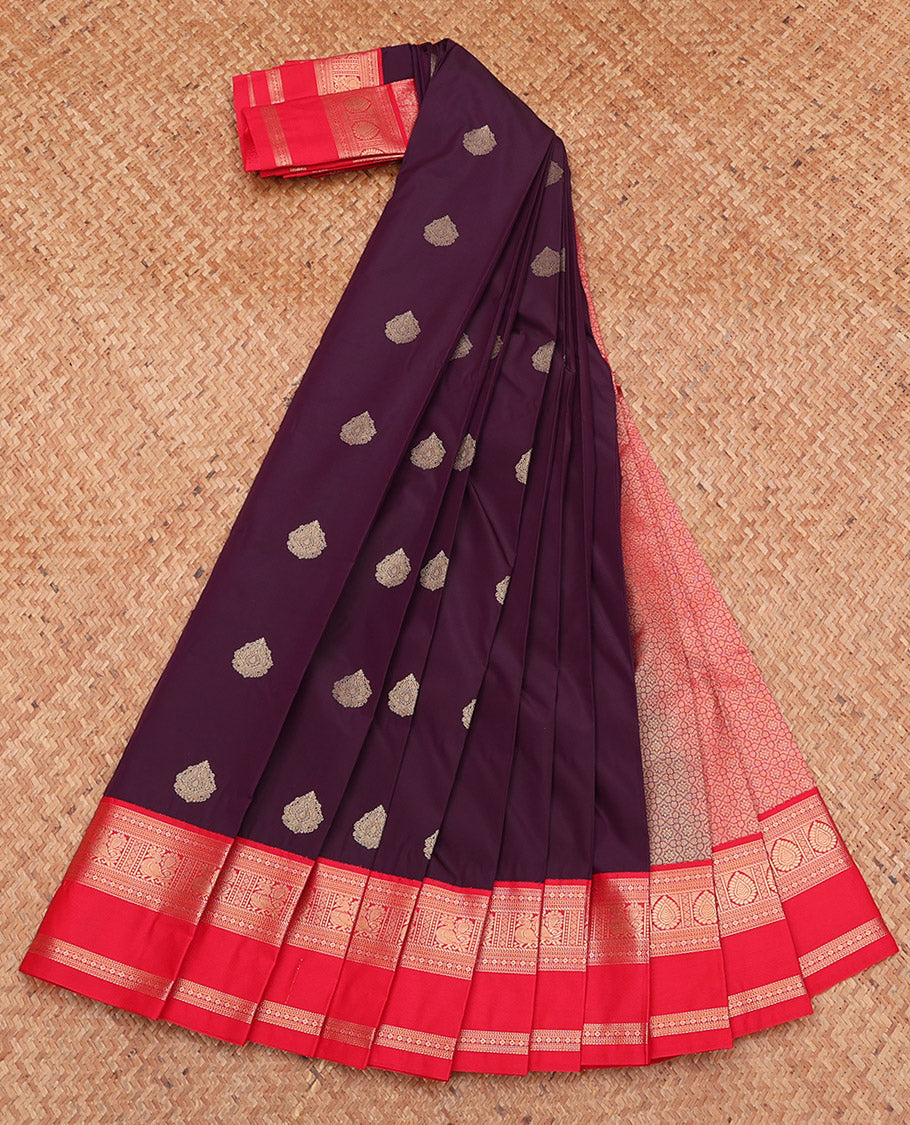 Maroon Budget Silk Saree, Adorned with Zari Buttas, Complemented by a Contrast Traditional Zari Rettai Pettu Border, Intricately Designed Pallu, and a Contrast Blouse