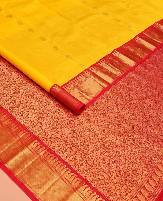 Yellow zari buttas Bangalore silk saree, contrast traditional zari border of paisleys, and floral jaal pallu