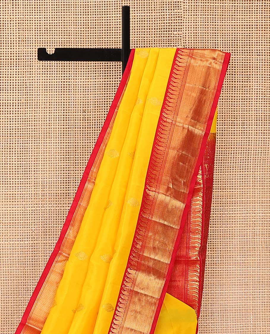 Yellow zari buttas Bangalore silk saree, contrast traditional zari border of paisleys, and floral jaal pallu