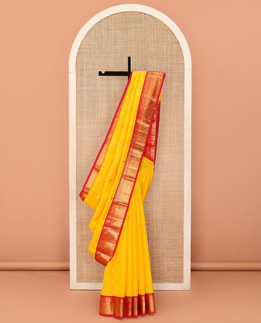 Yellow zari buttas Bangalore silk saree, contrast traditional zari border of paisleys, and floral jaal pallu