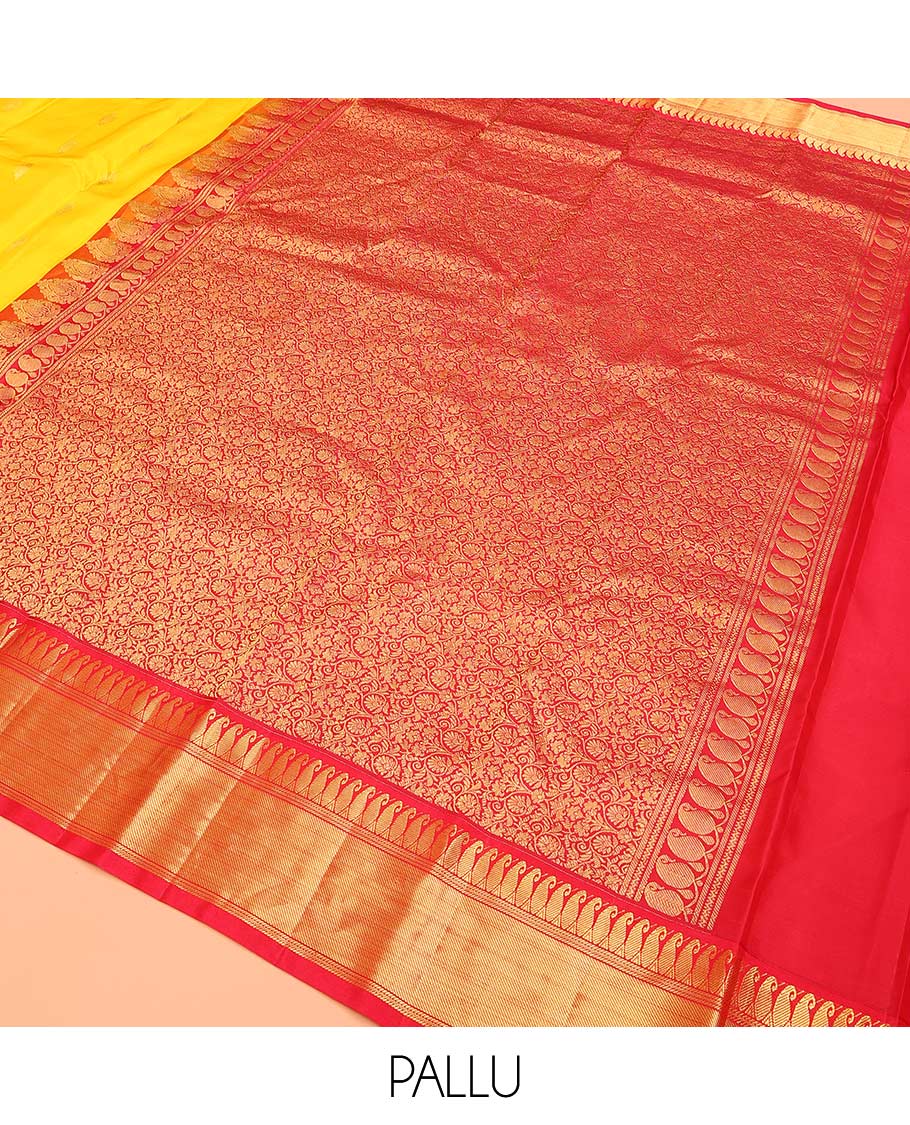 Yellow zari buttas Bangalore silk saree, contrast traditional zari border of paisleys, and floral jaal pallu