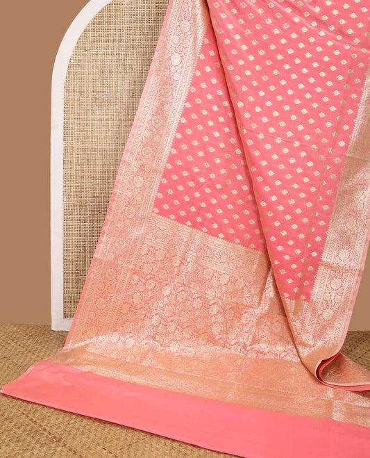 Peach leaf buttas semi banaras nylon saree with self intricate zari design border & floral jaal design pallu