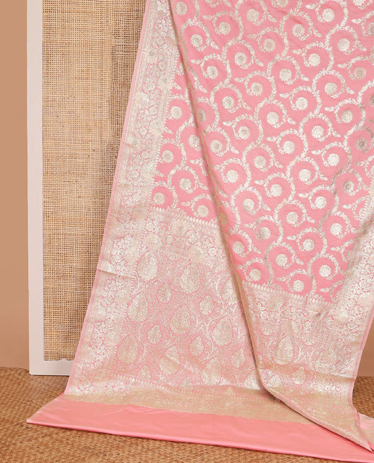 Pink floral jacquard semi banaras satin , self-border of floral creeper designs & zari-rich pallu of intricate floral designs