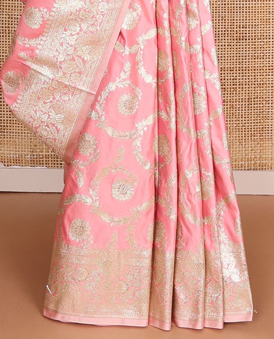 Pink floral jacquard semi banaras satin , self-border of floral creeper designs & zari-rich pallu of intricate floral designs