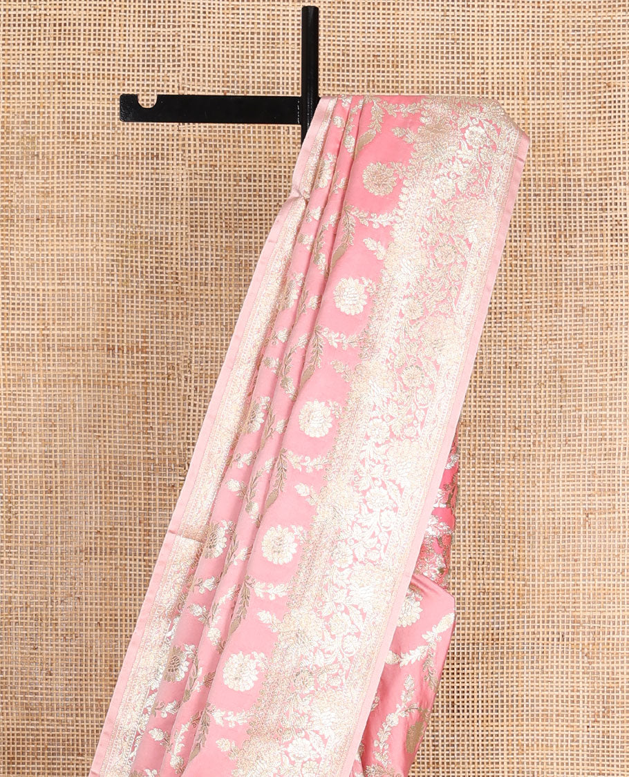 Pink floral jacquard semi banaras satin , self-border of floral creeper designs & zari-rich pallu of intricate floral designs