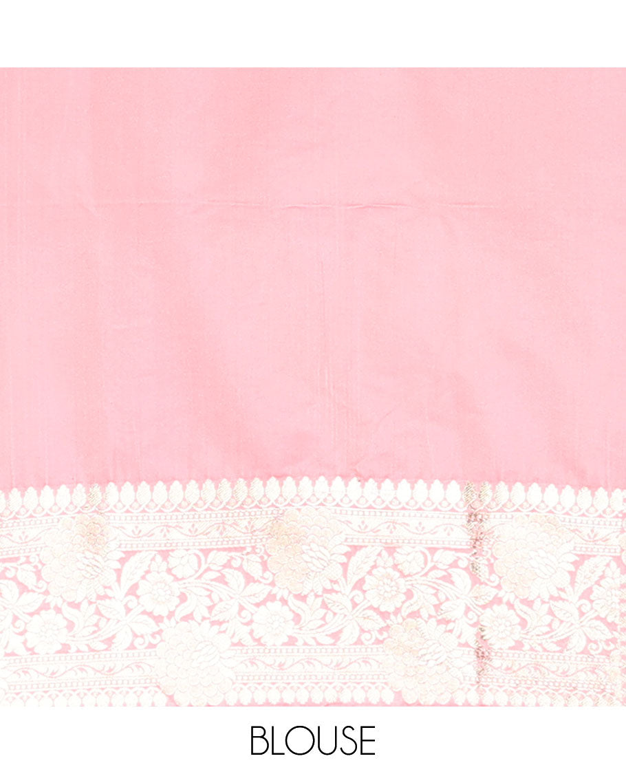 Pink floral jacquard semi banaras satin , self-border of floral creeper designs & zari-rich pallu of intricate floral designs