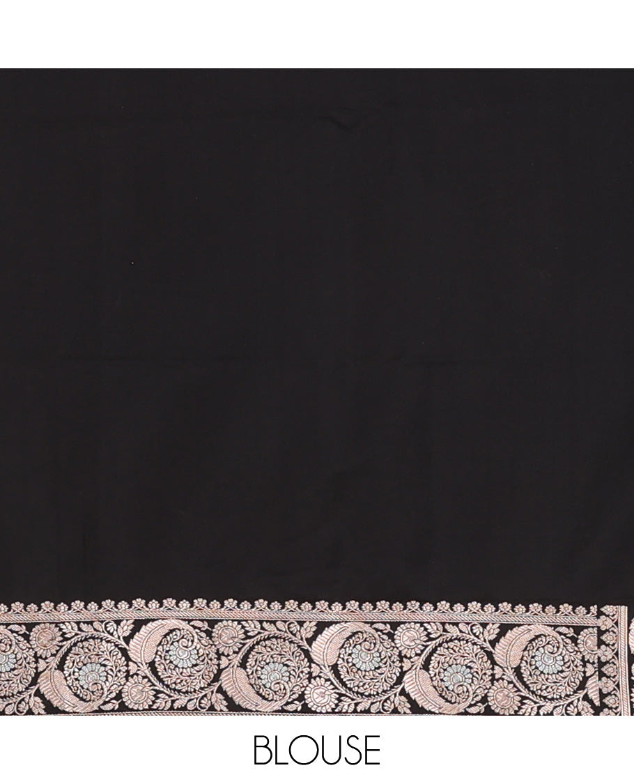 Inky black floral buttas banarasi silk saree, floral creeper zari woven border, and floral jaal design pallu
