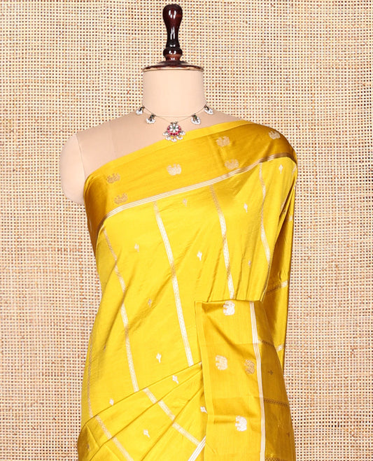 Yellow Satin Silk Saree, Gleamed Up with Buttas and Stripes, Highlighted by Elephant Motif Border,  Grand Jaal Pallu, and a Matching Blouse