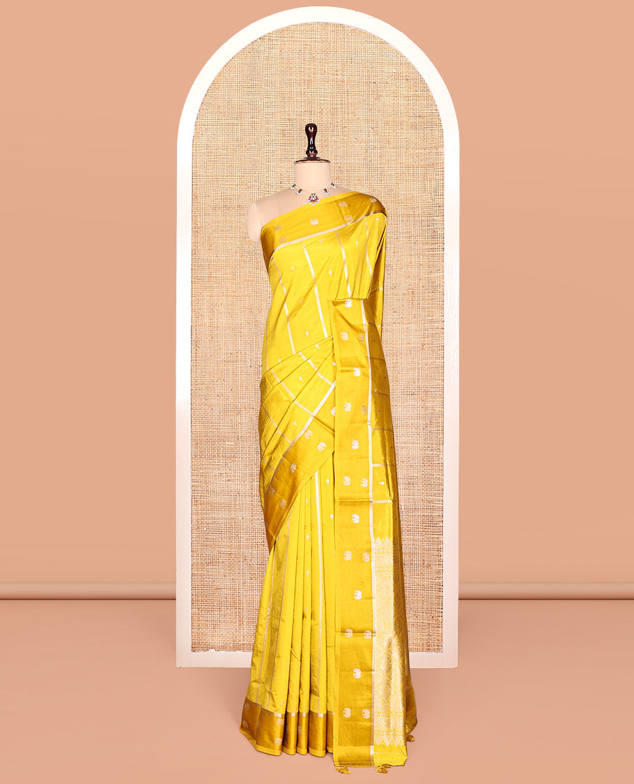 Yellow Satin Silk Saree, Gleamed Up with Buttas and Stripes, Highlighted by Elephant Motif Border,  Grand Jaal Pallu, and a Matching Blouse