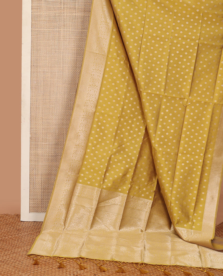 Yellow zari buttas butter silk saree, traditional zari design border & zari floral design weave pallu