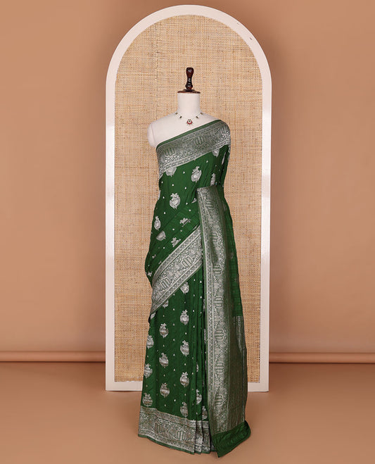 Olive green zari buttas fancy crepe saree, traditional zari border & intricate pallu
