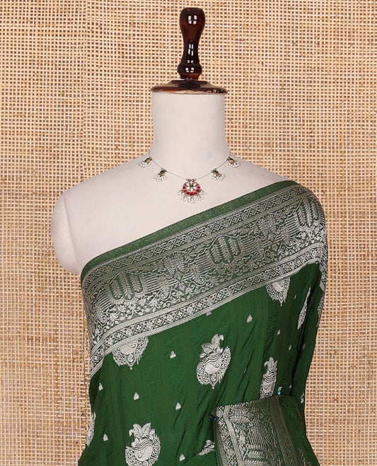 Olive green zari buttas fancy crepe saree, traditional zari border & intricate pallu