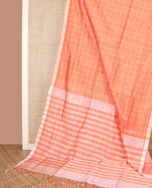 Orange checked cotton saree, contrast plain border, and striped pallu