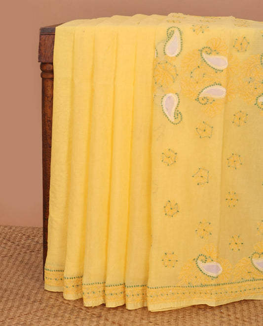 Yellow floral thread embroidery chikankari cotton saree with self embroidery border