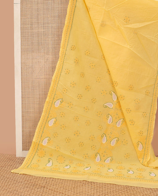 Yellow floral thread embroidery chikankari cotton saree with self embroidery border
