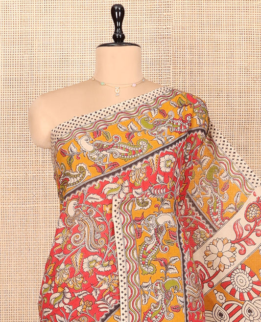Red Machine Printed Kalamkari Cotton Saree Features Floral Peacock Design, a Contrast Peacock-Printed Border, a Peacock-Printed Pallu, and a Contrast Blouse
