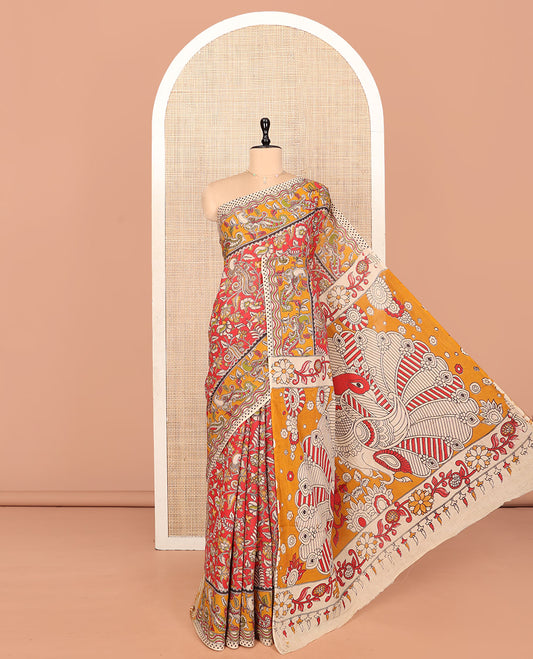 Red Machine Printed Kalamkari Cotton Saree Features Floral Peacock Design, a Contrast Peacock-Printed Border, a Peacock-Printed Pallu, and a Contrast Blouse