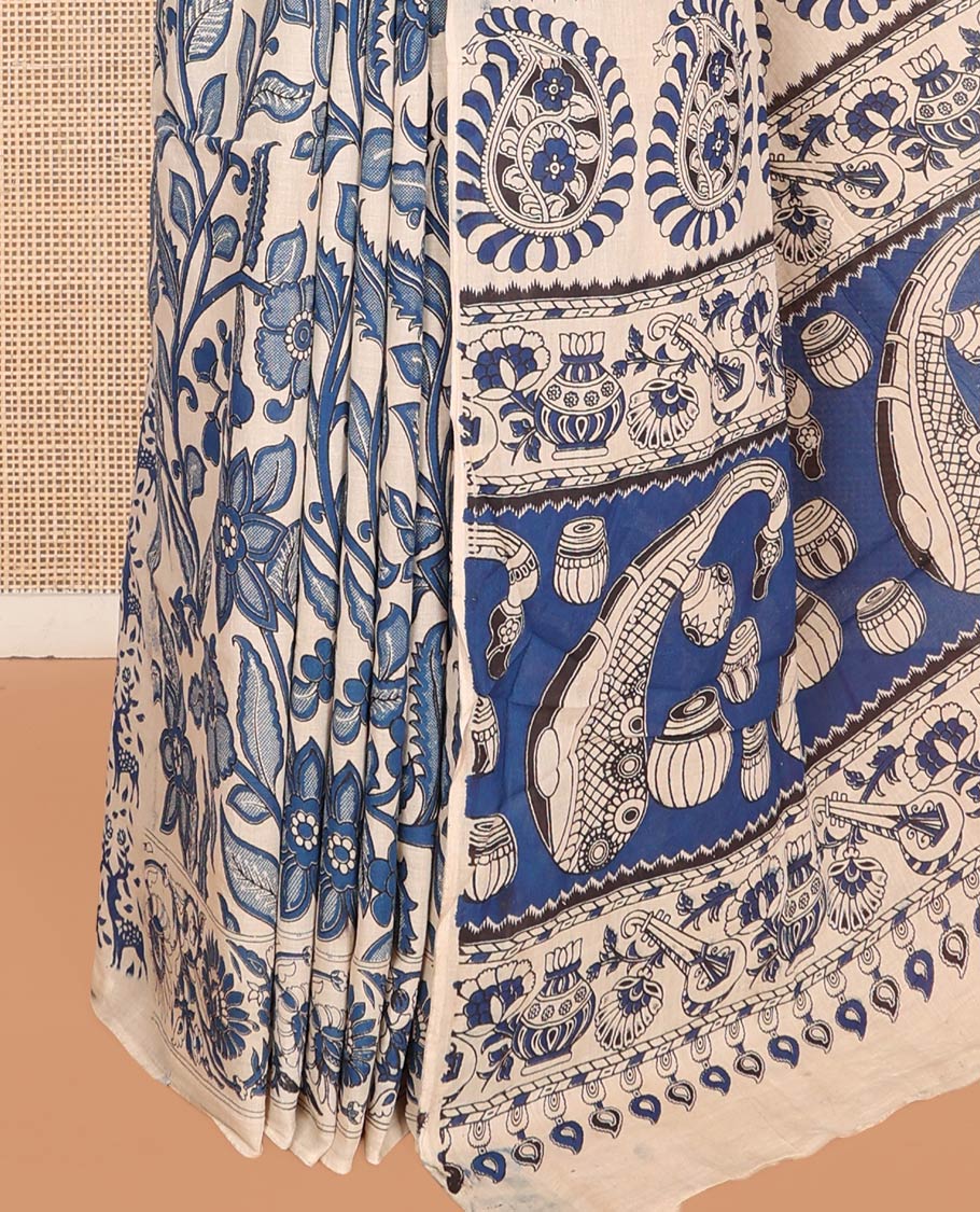 Blue Machine-Printed Kalamkari Cotton Saree Features Floral Vine Design, a Floral Printed Border, Pallu of Musical Instruments, and a Matching Blouse
