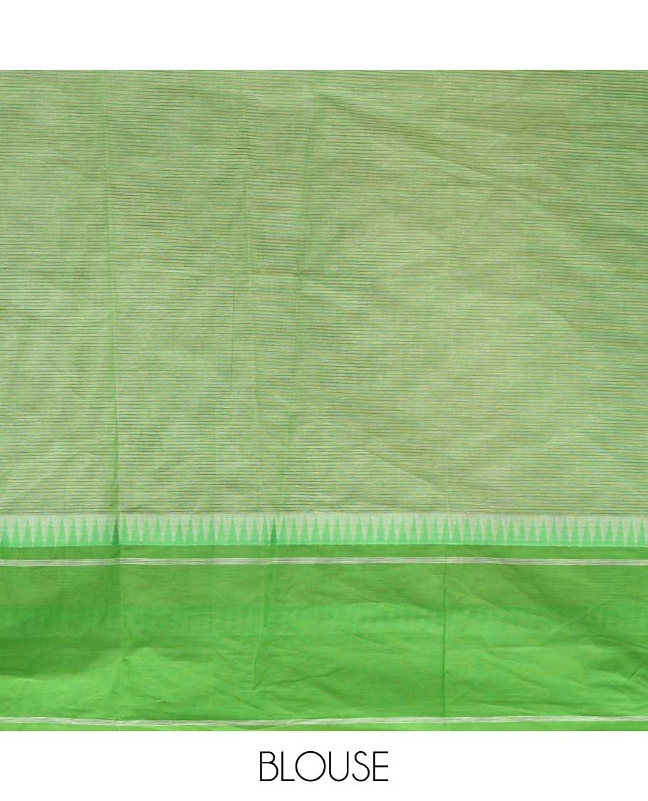 Beige kalamkari-style floral vine & elephant chirala cotton saree, contrast green temple border & paithani design pallu