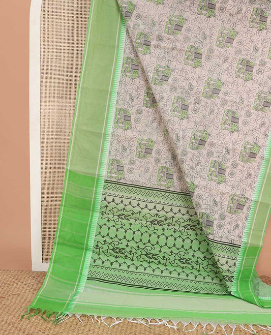 Beige kalamkari-style floral vine & elephant chirala cotton saree, contrast green temple border & paithani design pallu
