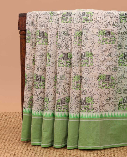 Beige kalamkari-style floral vine & elephant chirala cotton saree, contrast green temple border & paithani design pallu