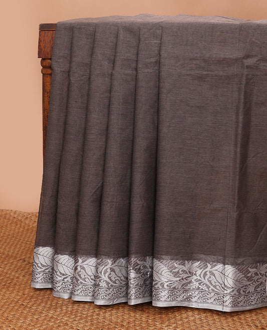 Brown plain Bengal cotton saree, leaf creeper border & pallu of stripes