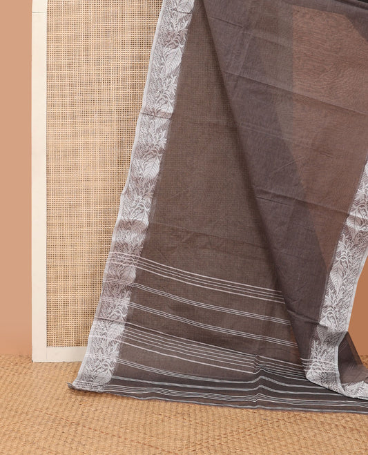 Brown plain Bengal cotton saree, leaf creeper border & pallu of stripes