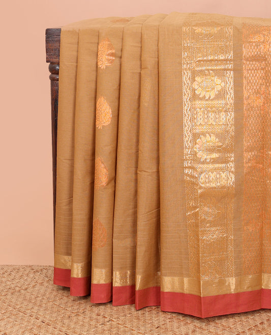 Brown striped, and zari buttas Kanchi cotton saree, contrast zari border, and intricate pallu