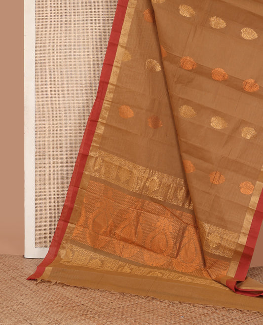 Brown striped, and zari buttas Kanchi cotton saree, contrast zari border, and intricate pallu