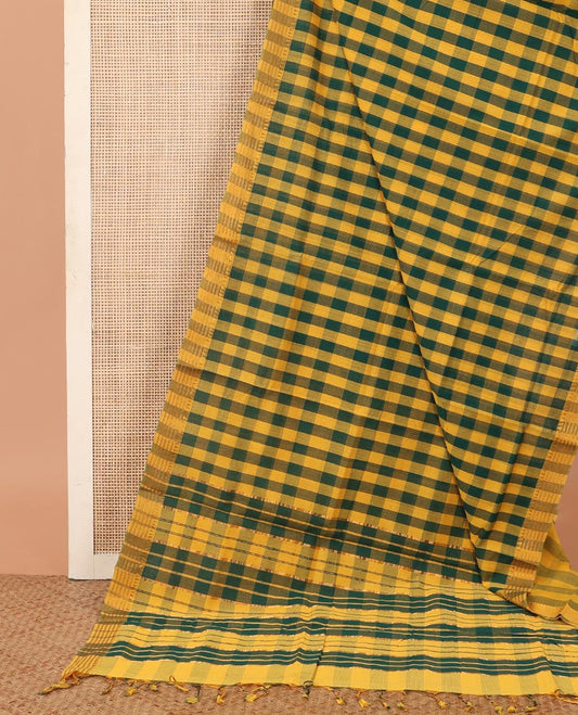 Multi-color checked Mangalagiri cotton saree, self-border, and striped pallu