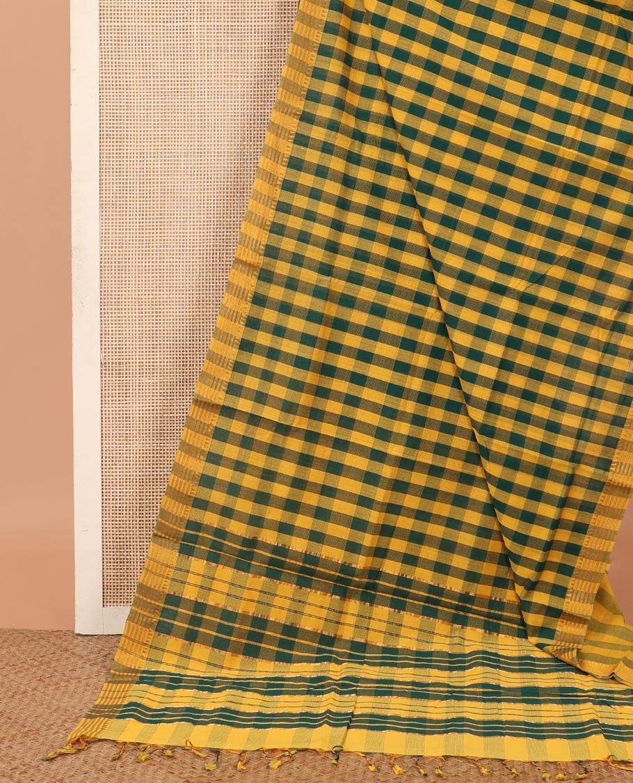 Multi-color checked Mangalagiri cotton saree, self-border, and striped pallu