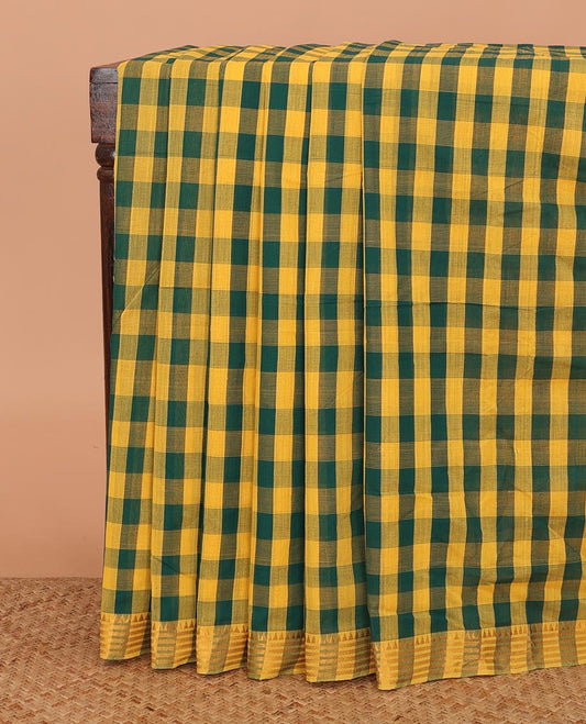 Multi-color checked Mangalagiri cotton saree, self-border, and striped pallu