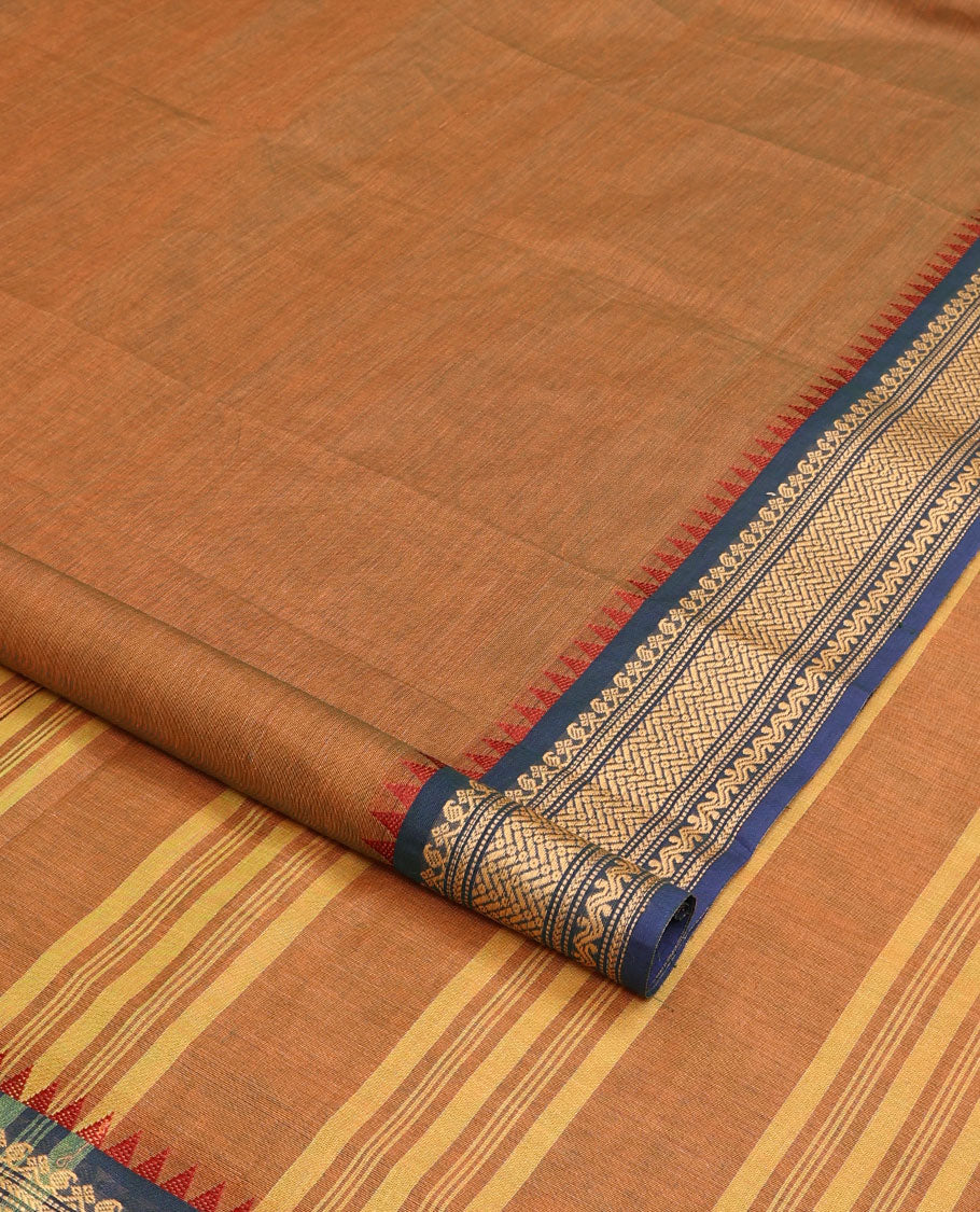 Brown plain nine-yard cotton saree, contrast temple traditional border, and striped pallu