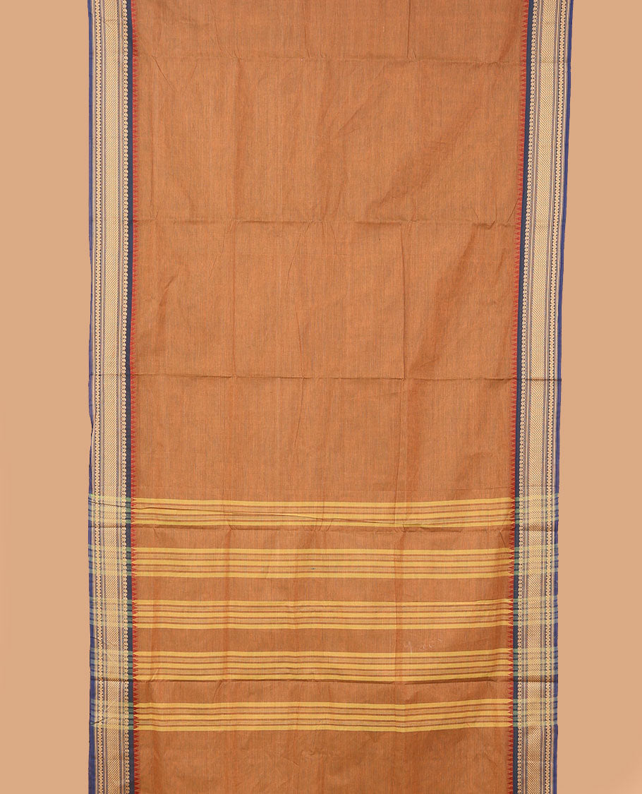 Brown plain nine-yard cotton saree, contrast temple traditional border, and striped pallu