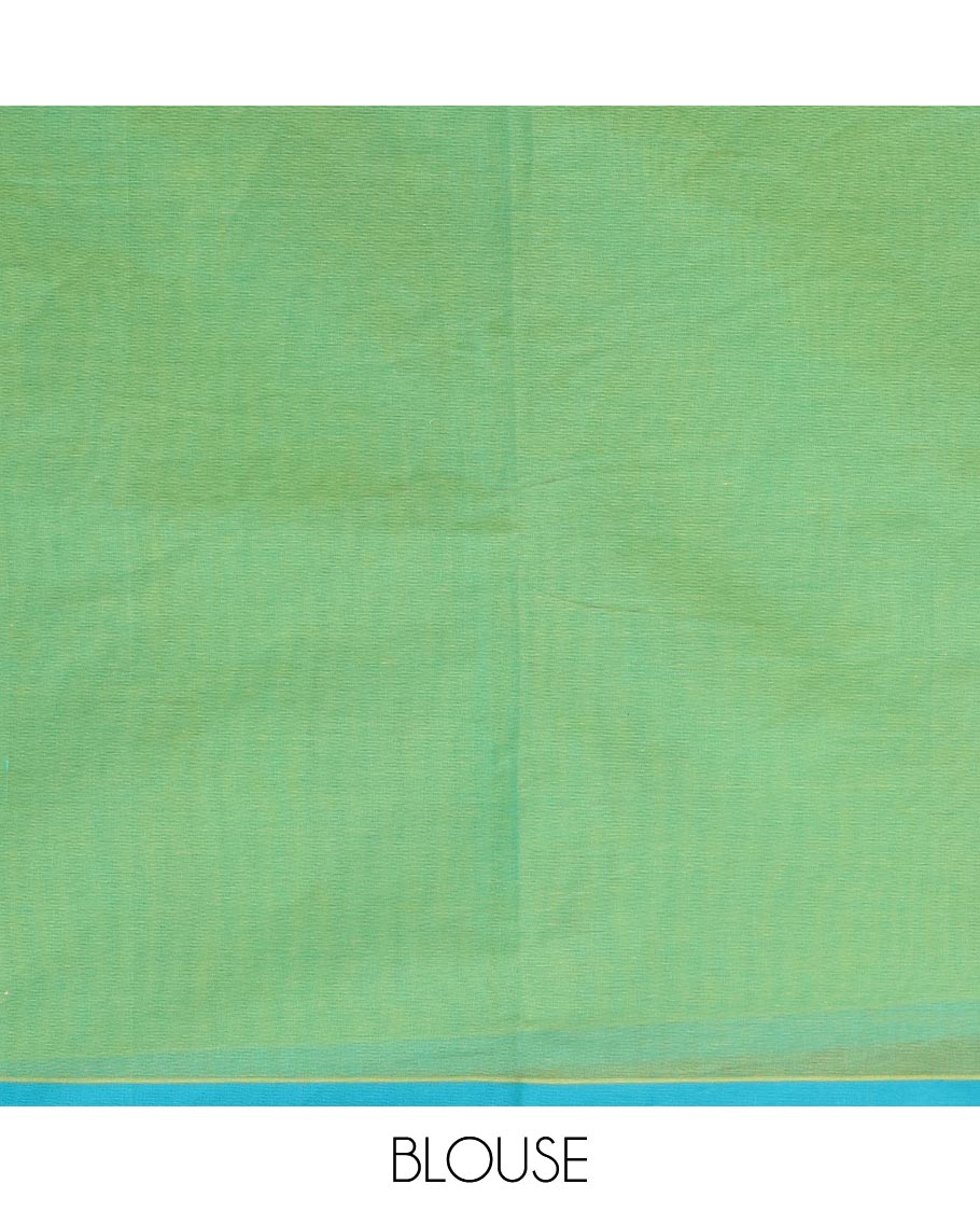 Green buttas Kanchi cotton saree, contrast plain border, and pallu of human figurines