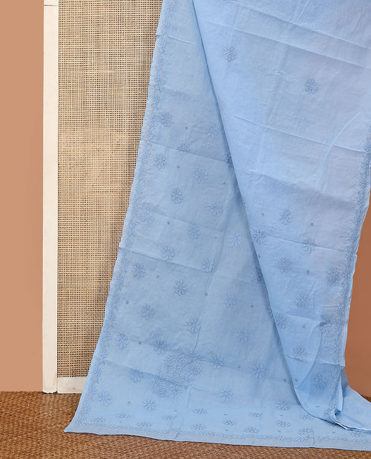 Blue flowers thread embroidered Lucknowi chikankari saree, floral design border, and flora-paisley embroidered pallu