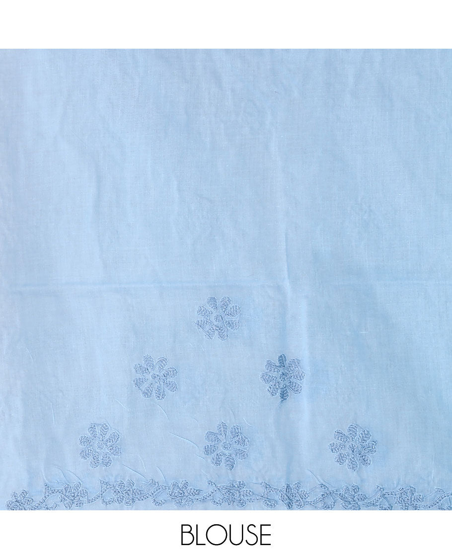 Blue flowers thread embroidered Lucknowi chikankari saree, floral design border, and flora-paisley embroidered pallu