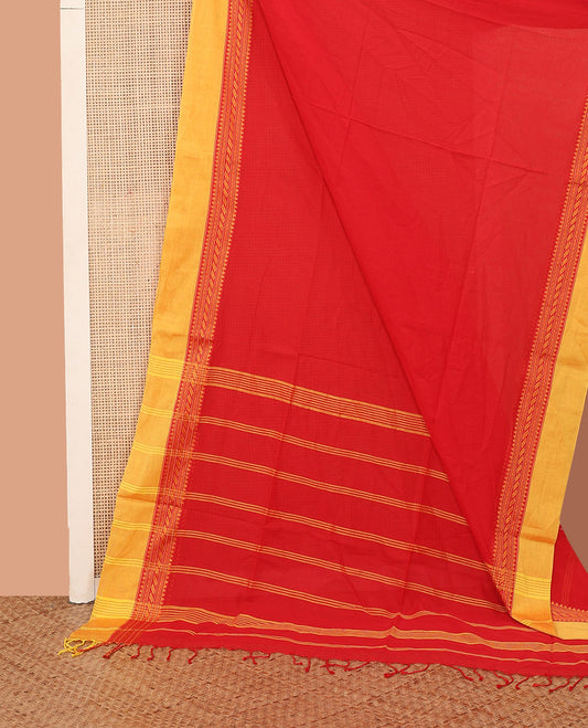Red Plain Khadi Cotton Saree, Complemented by a Contrast Traditional Motifs Thread Woven Border, Pallu Depicting Stripes, and Comes Without a Blouse
