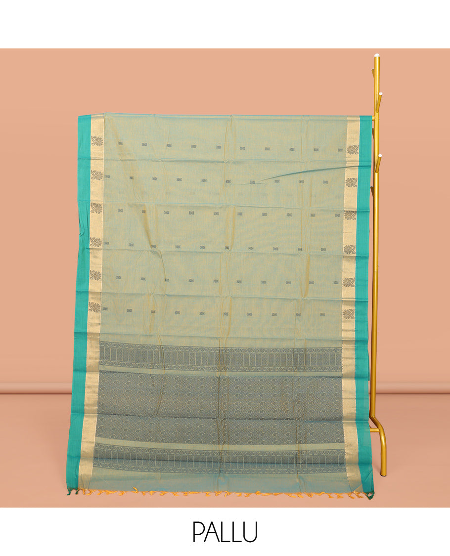 Green Kanchi Cotton Saree, Elevated with Buttas All Over Its Body, Complemented by a Contrast Border, Pallu of Intricate Design, and Paired with Matching Blouse