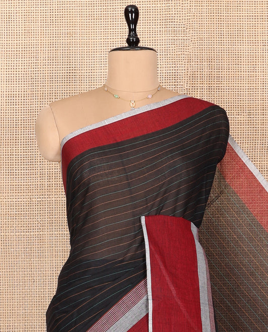 Black Striped Andhra Cotton Saree, Complemented by a Contrast Border, Checked Pallu, and a Matching Blouse
